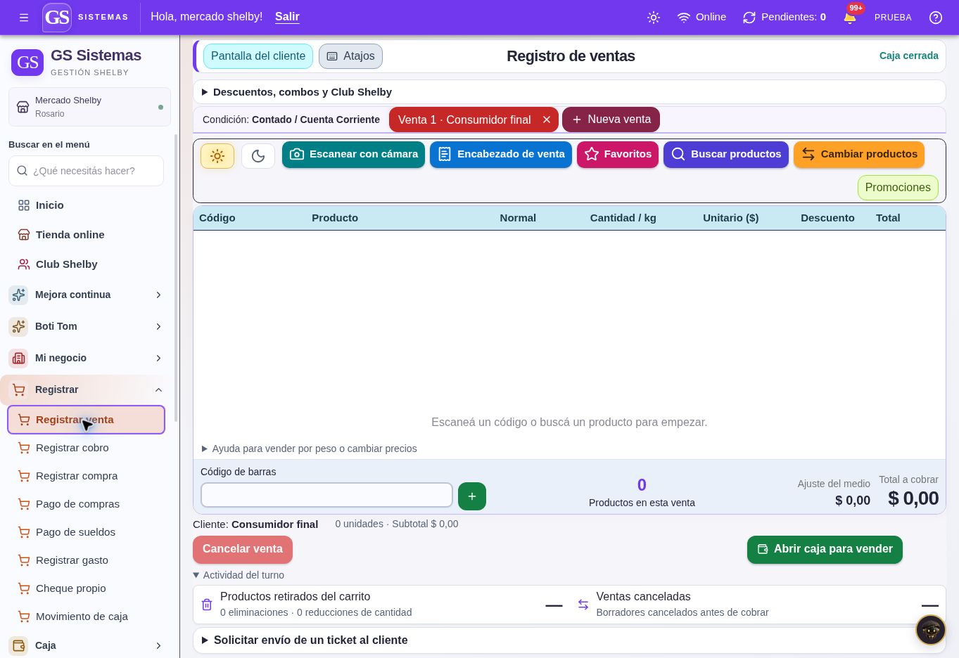 Registro de ventas real de GS Sistemas en computadora, con caja cerrada y venta vacía